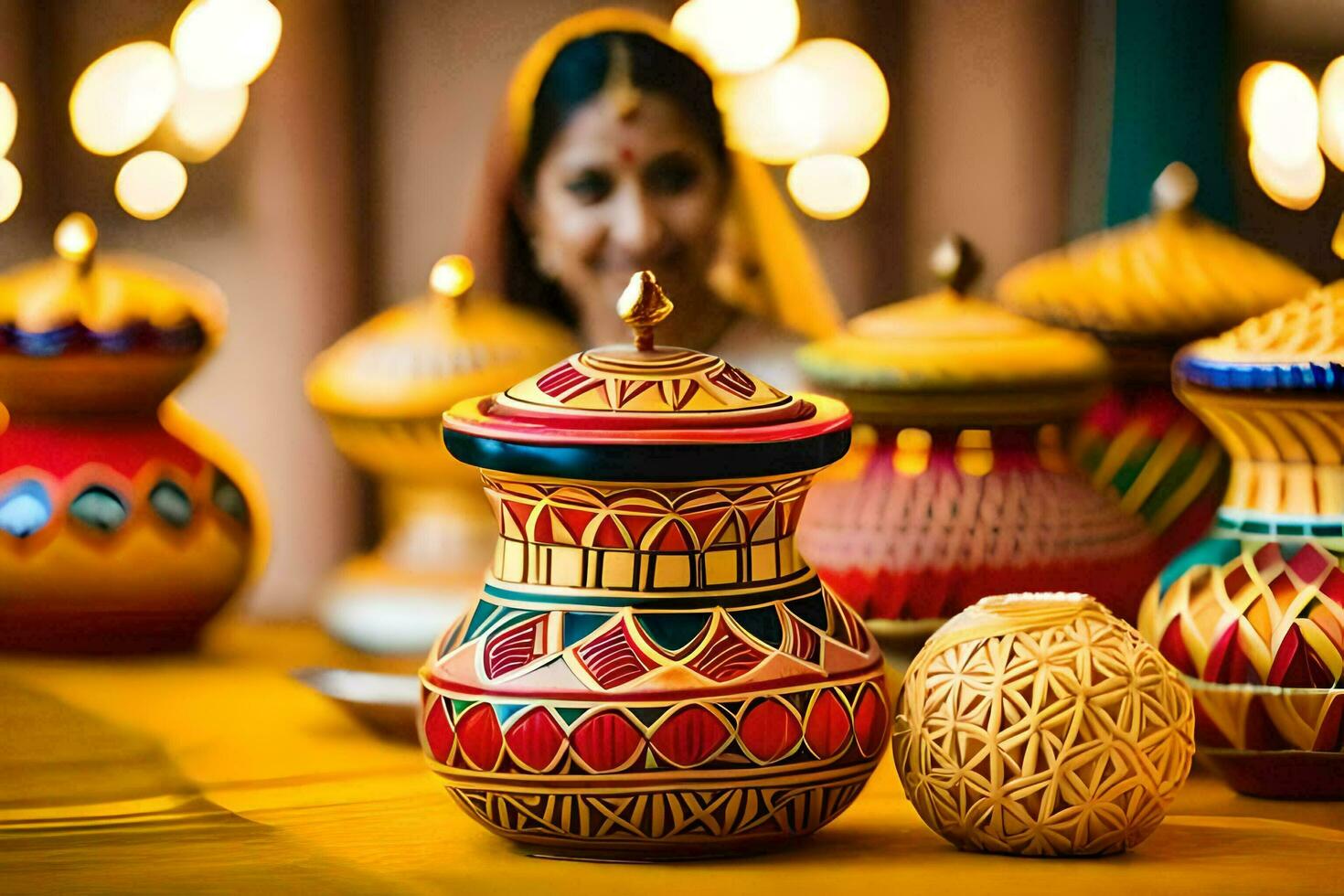 a woman in traditional indian dress sits in front of colorful vases. AI-Generated photo