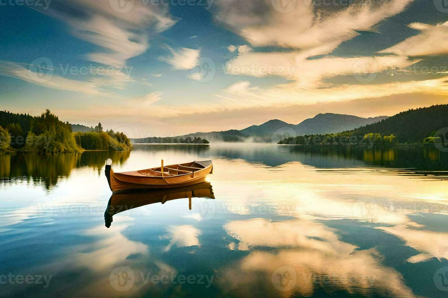 a boat is floating on a calm lake at sunset. AI-Generated photo