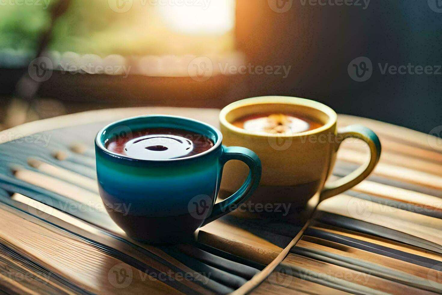 two colorful coffee cups on a wooden table. AI-Generated photo