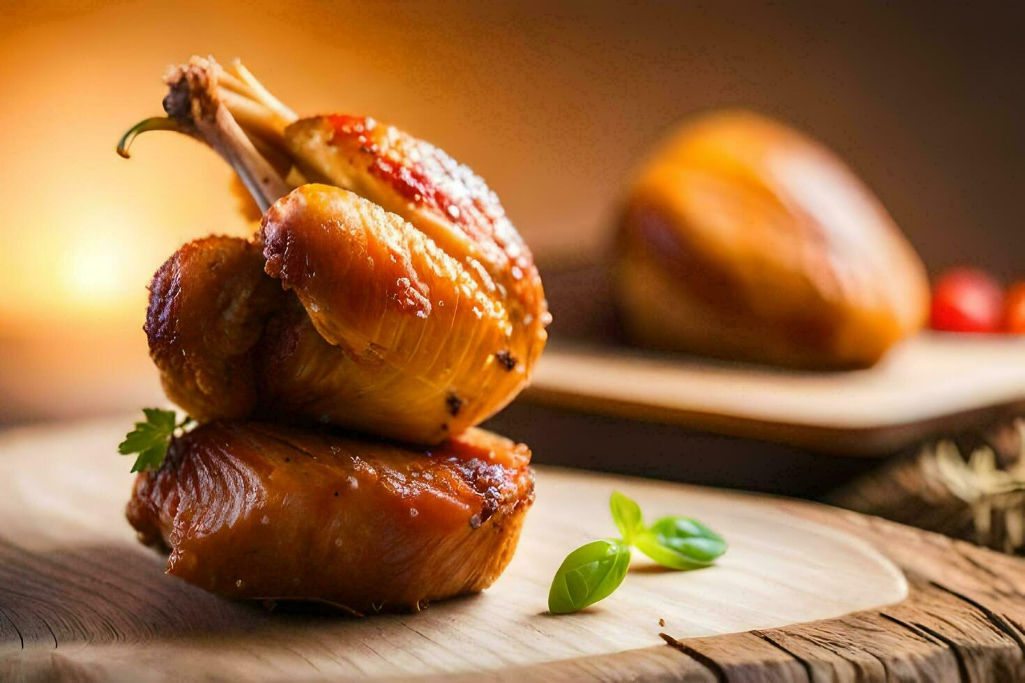 roasted chicken on a wooden board. AI-Generated photo