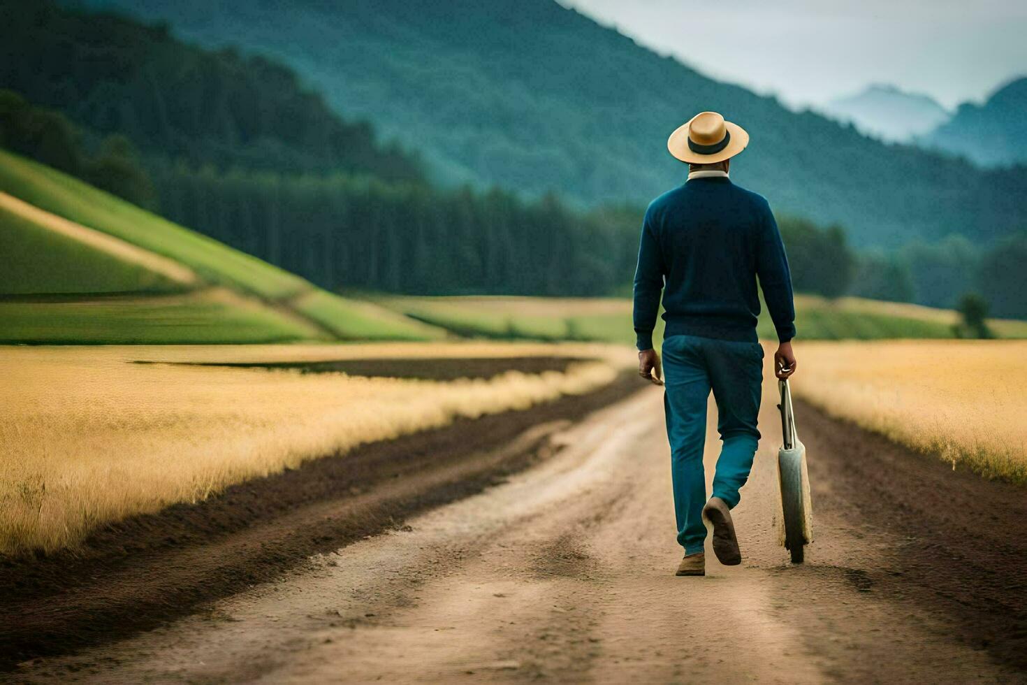 a man walking down a dirt road with a suitcase. AI-Generated photo