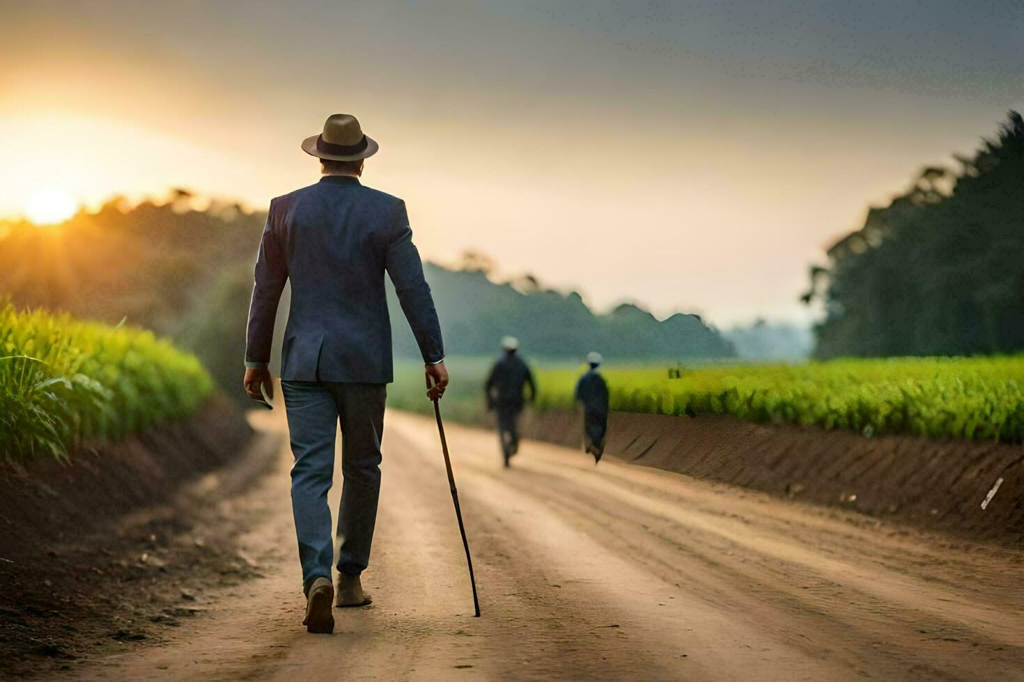 un hombre en un traje caminando abajo un suciedad la carretera. generado por ai foto