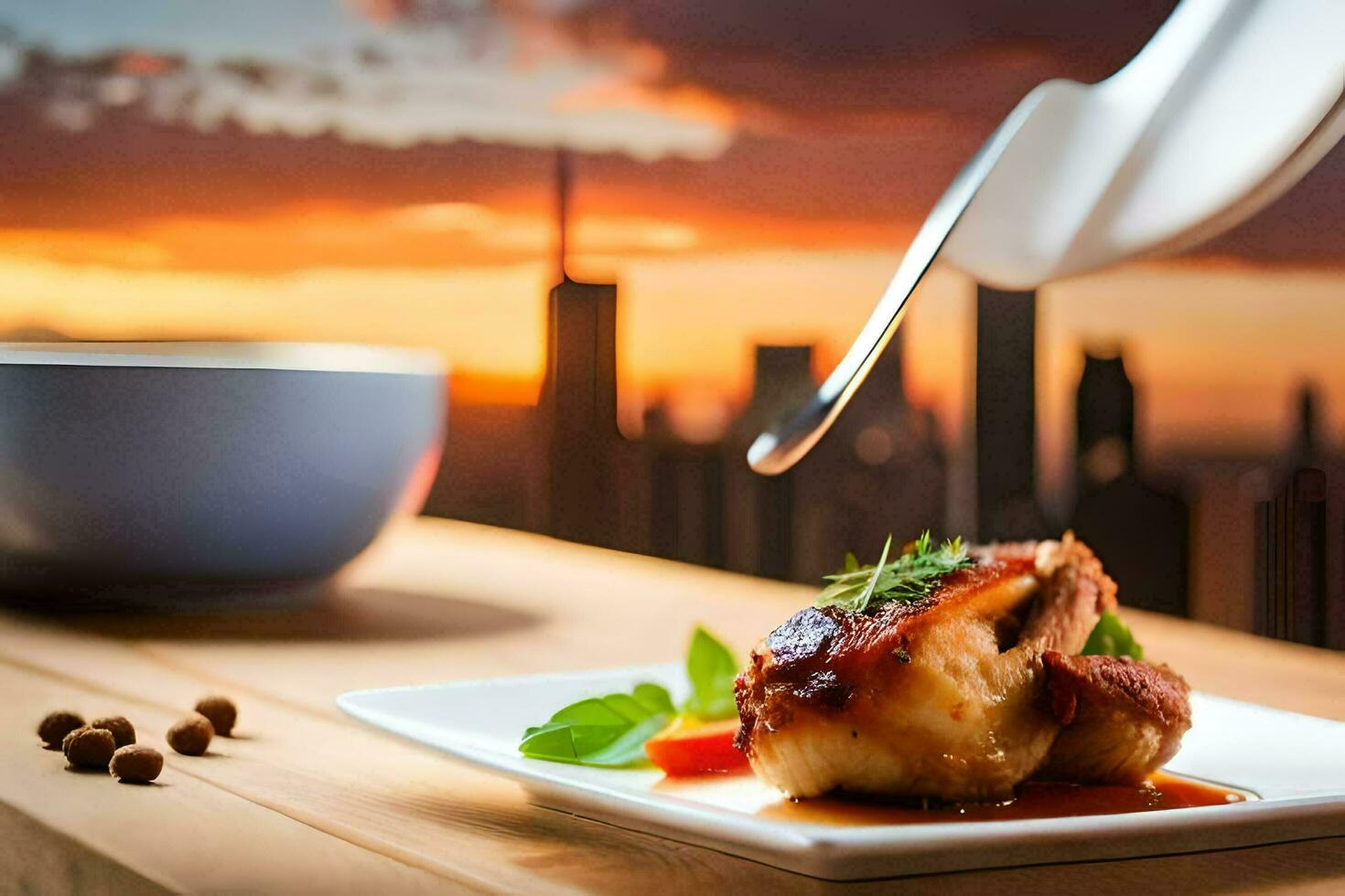 the food is served on a plate with a spoon and a cup of coffee. AI-Generated photo