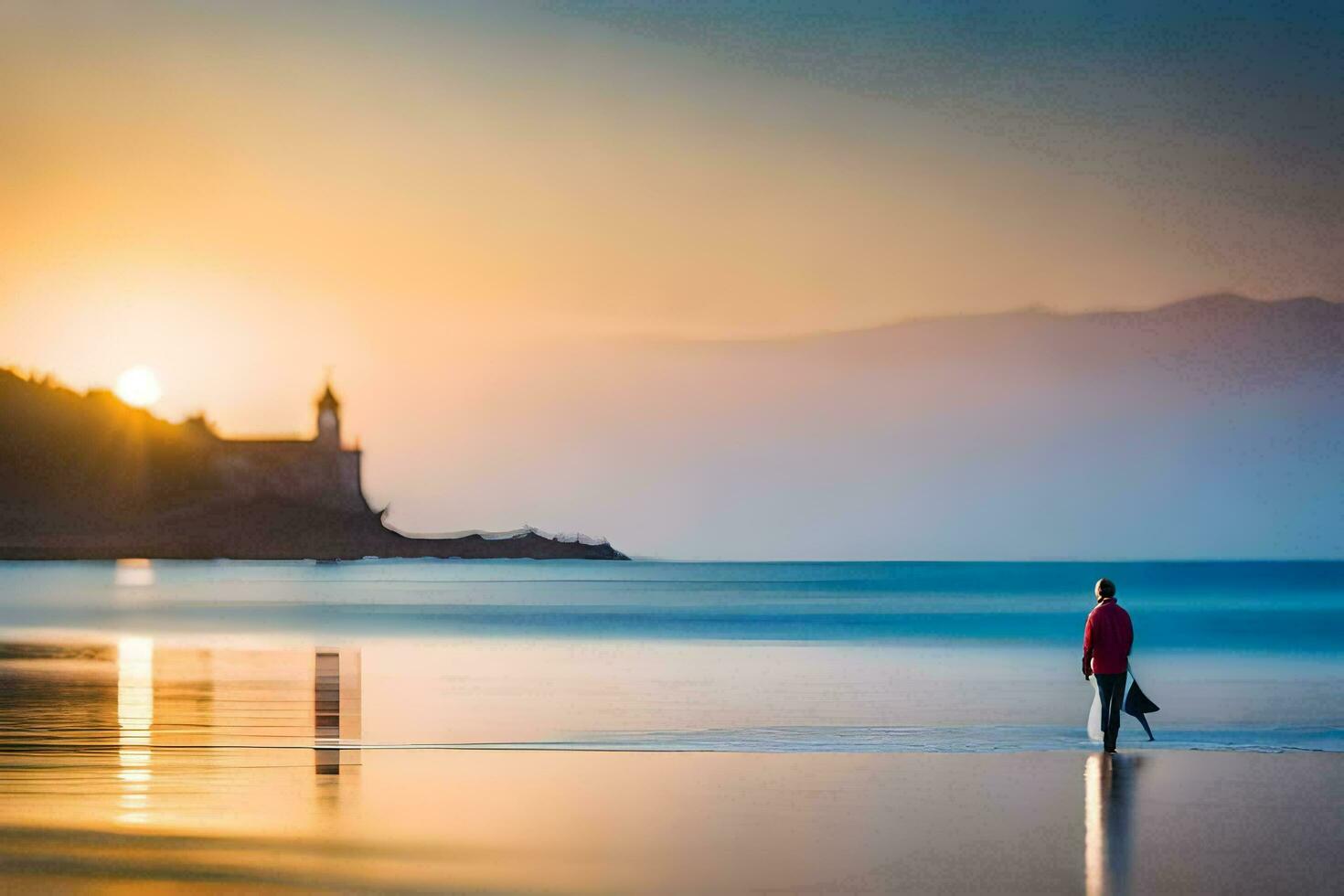 un hombre caminando en el playa a puesta de sol. generado por ai foto