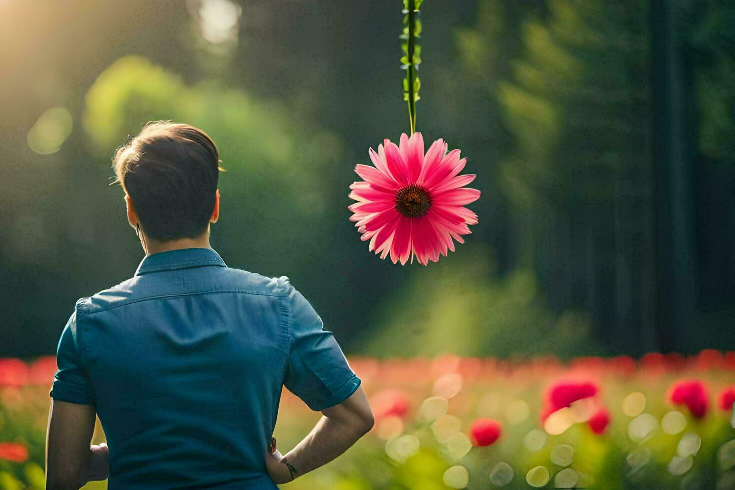 a man standing in a field with a pink flower. AI-Generated photo