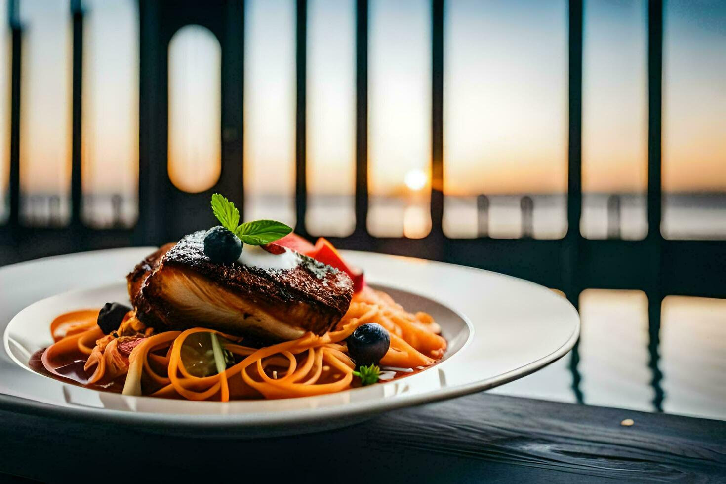 a plate of pasta with a scallop on it. AI-Generated photo
