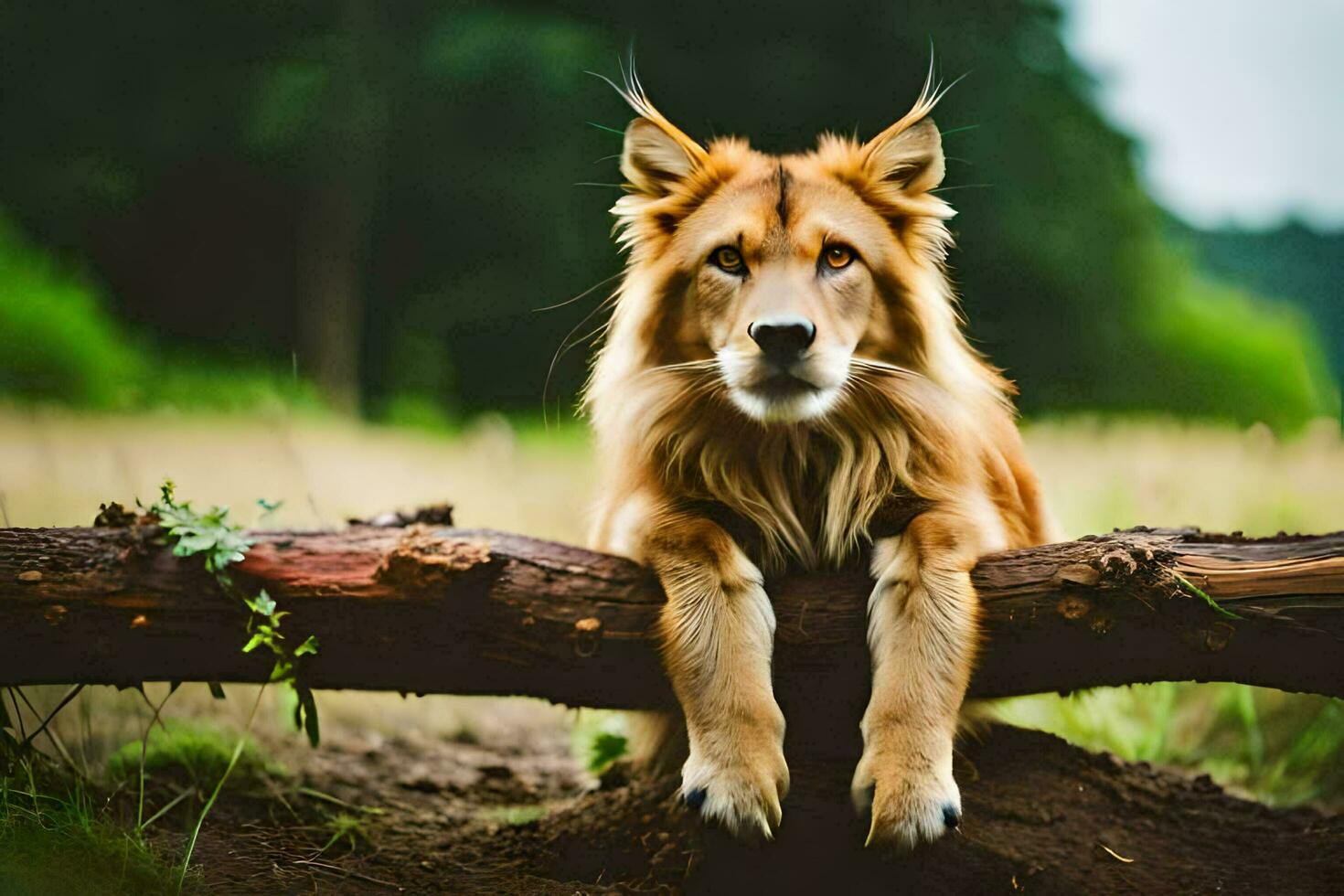 a lion is sitting on a log in the middle of a field. AI-Generated photo