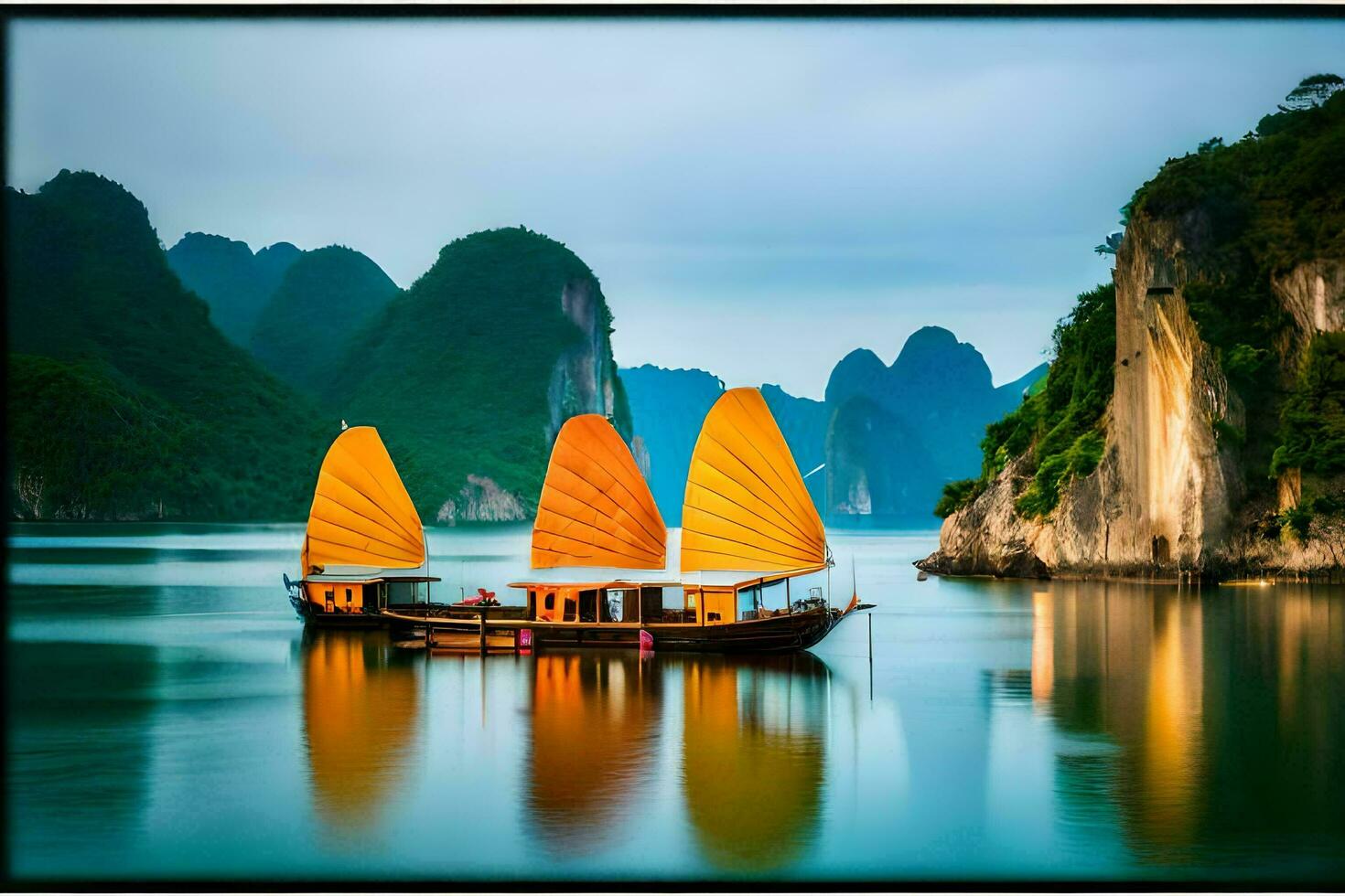 two boats floating in the water near mountains. AI-Generated photo