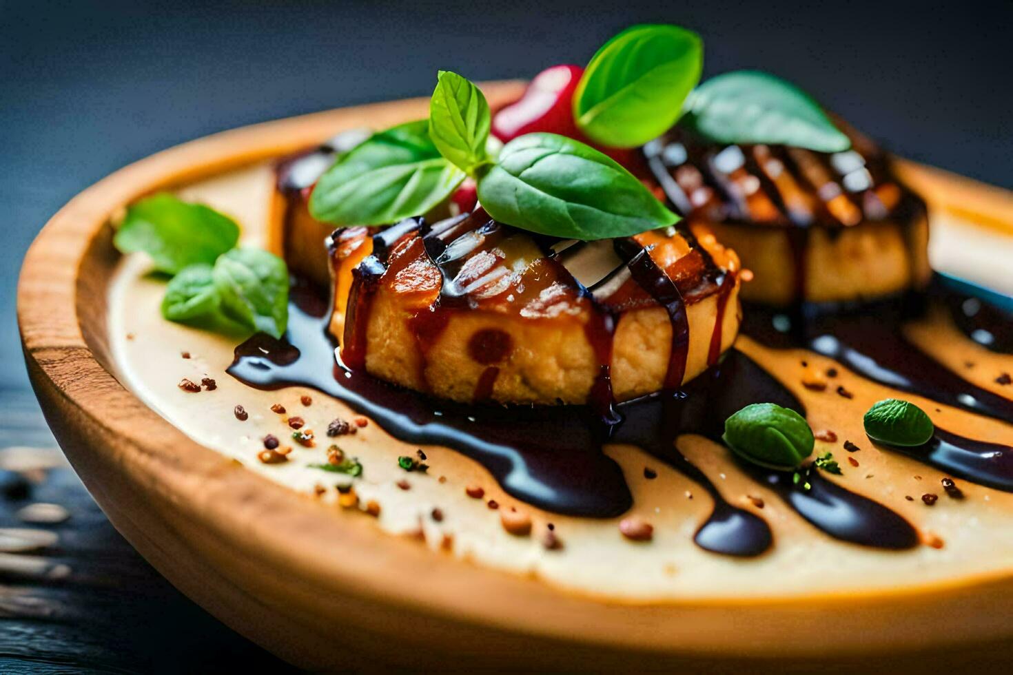 two scallops on a wooden plate with sauce and herbs. AI-Generated photo