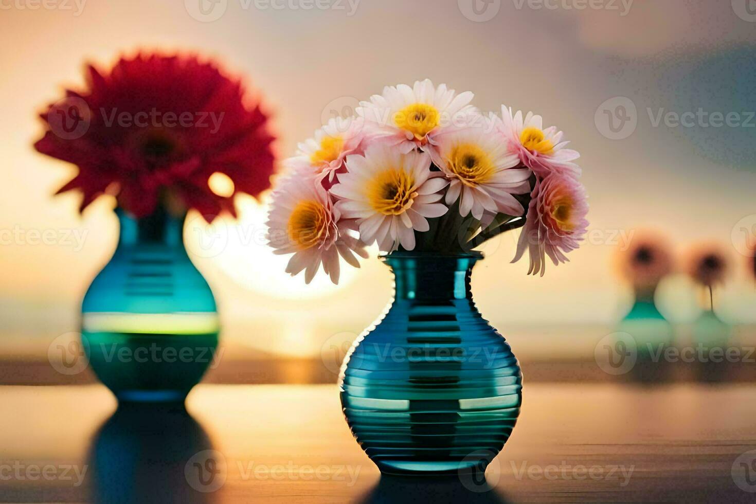 two vases with flowers are on a table. AI-Generated photo