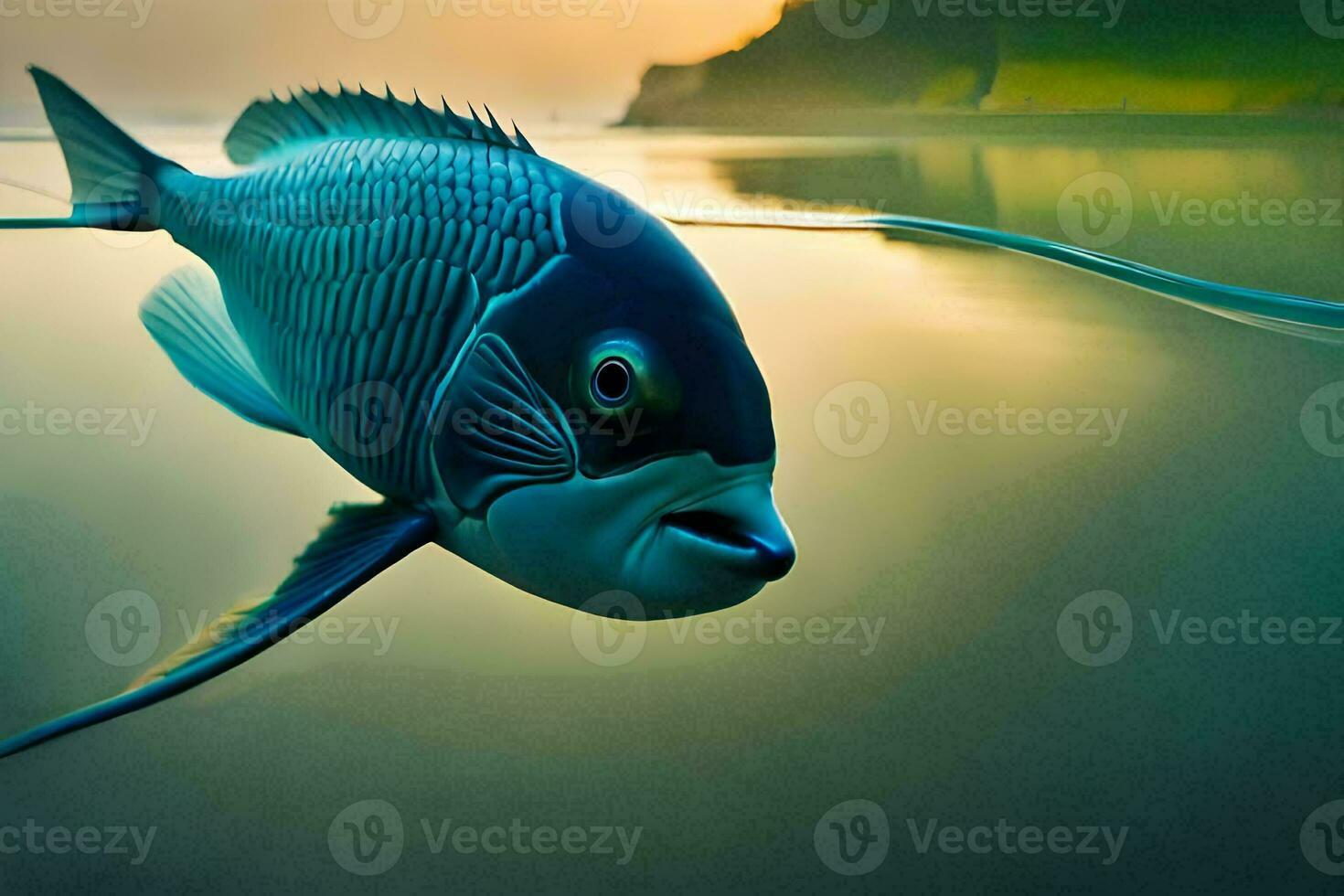 a fish swimming in the water with a sunset in the background. AI-Generated photo