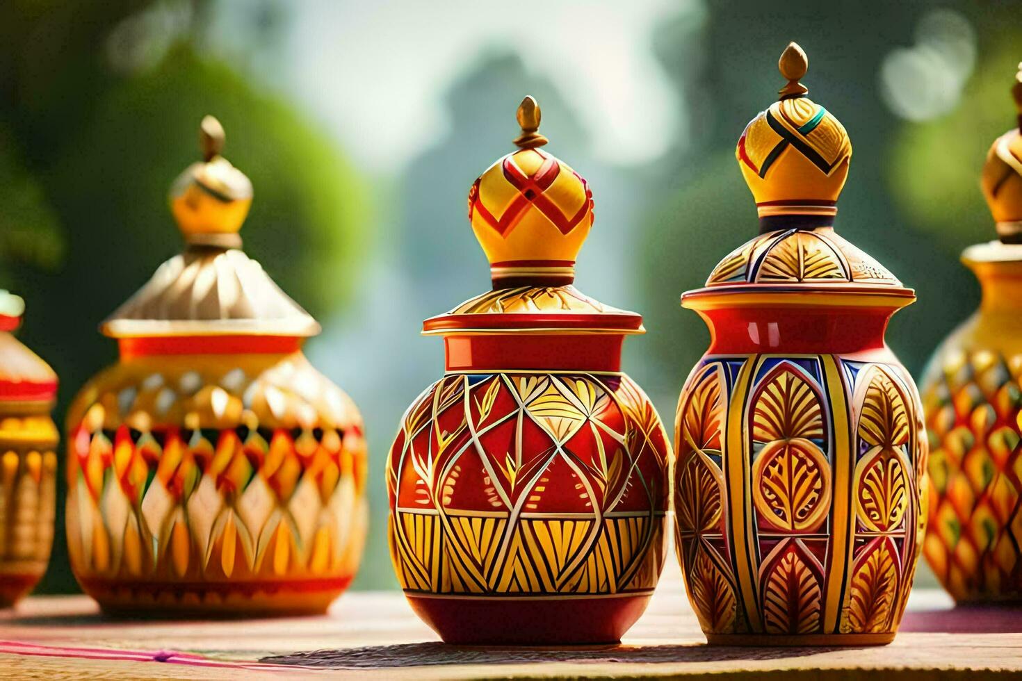 many colorful vases are sitting on a table. AI-Generated photo