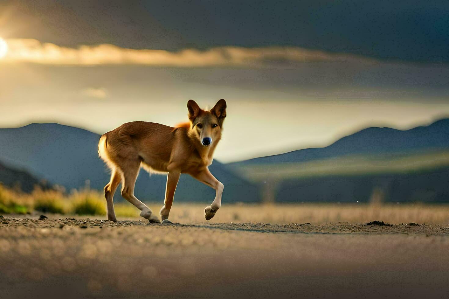 a dog walking across a road at sunset. AI-Generated photo