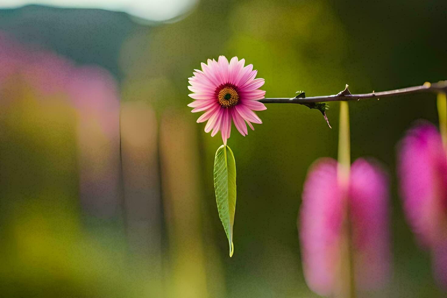 un rosado flor es en un rama con un borroso antecedentes. generado por ai foto