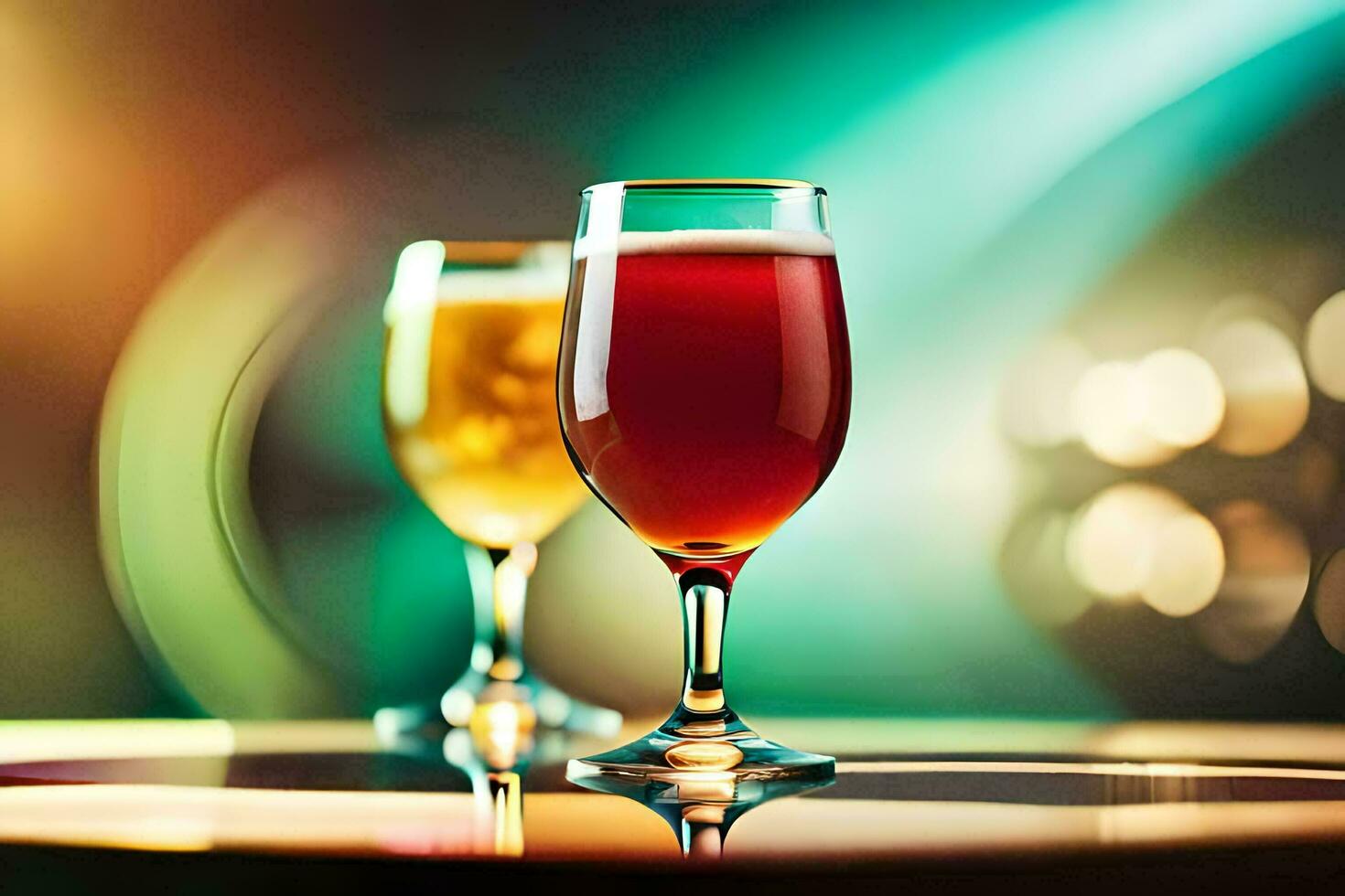 two glasses of beer on a table. AI-Generated photo