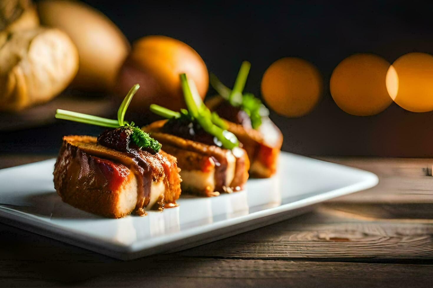 three small pieces of food on a white plate. AI-Generated photo