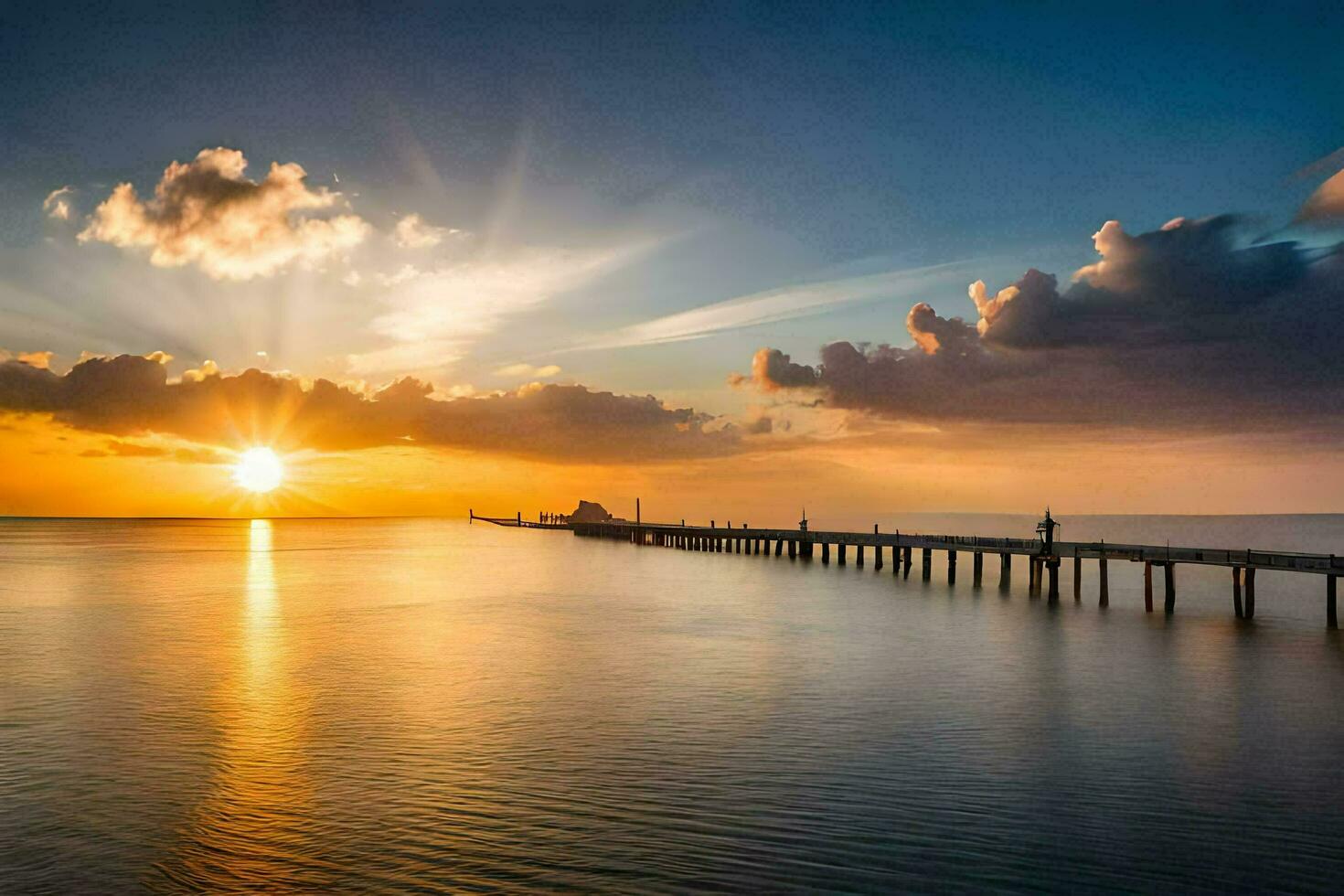 the sun rises over a pier in the ocean. AI-Generated photo