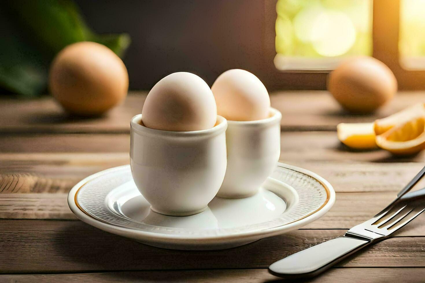 two eggs in white cups on a wooden table. AI-Generated photo