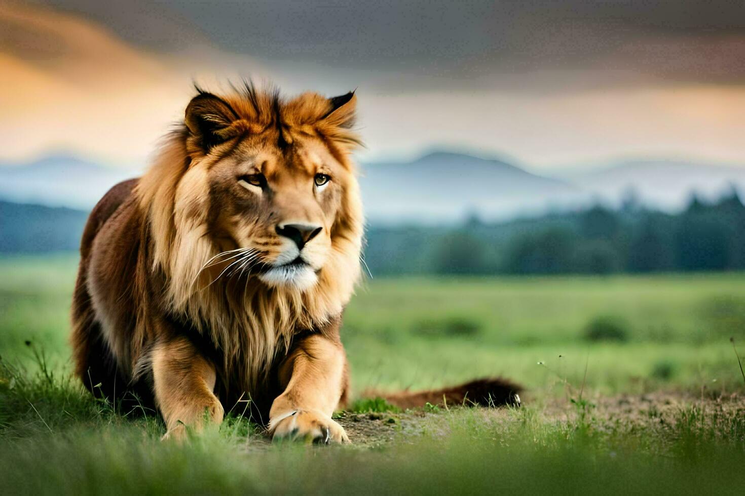 a lion sitting in the grass with mountains in the background. AI-Generated photo