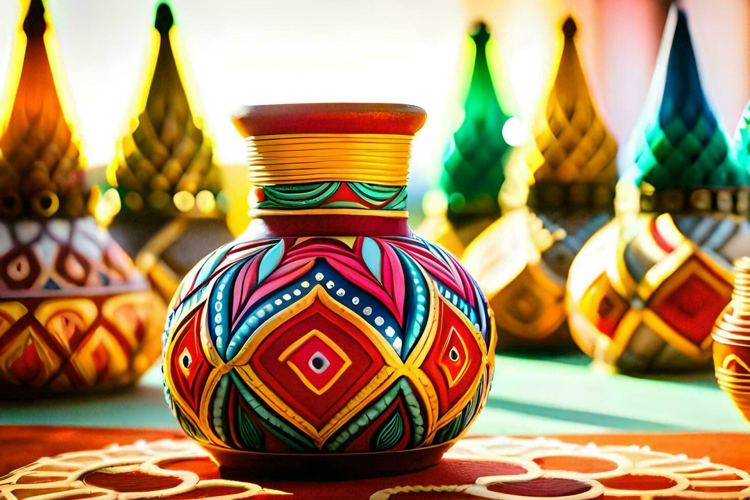 colorful vases are displayed on a table. AI-Generated photo