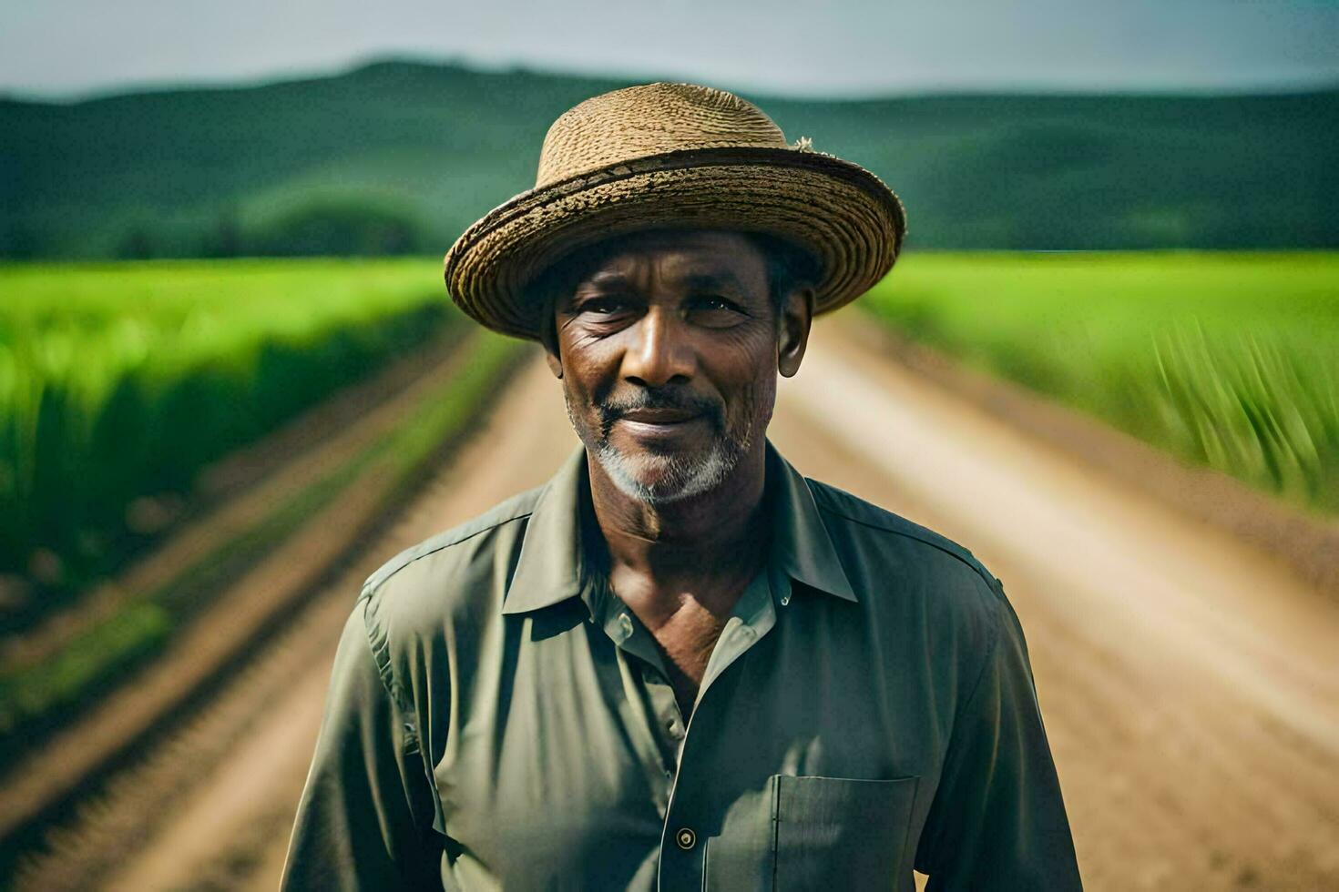 a man in a hat standing in a field. AI-Generated photo