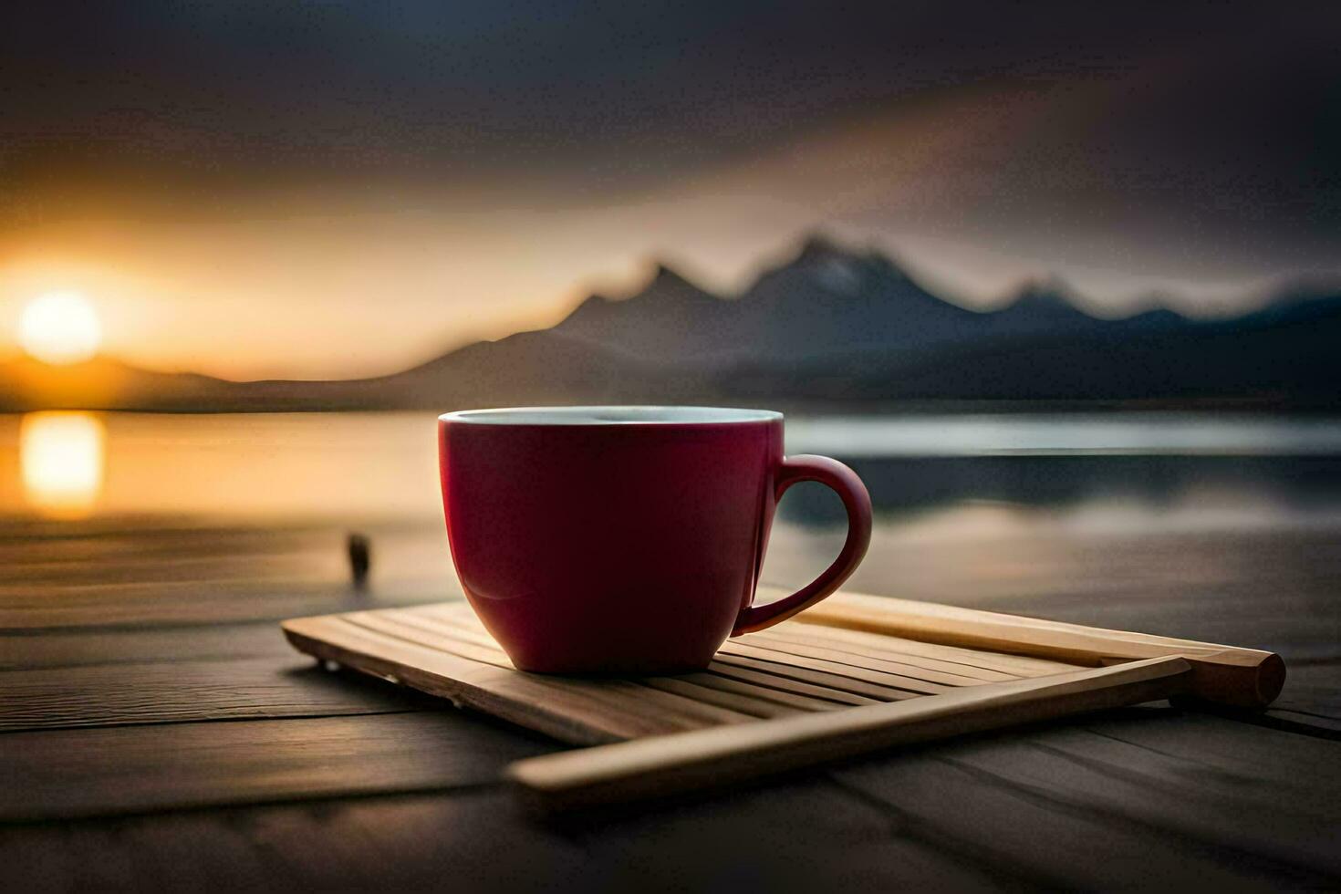 a cup of coffee on a wooden table with a view of mountains. AI-Generated photo