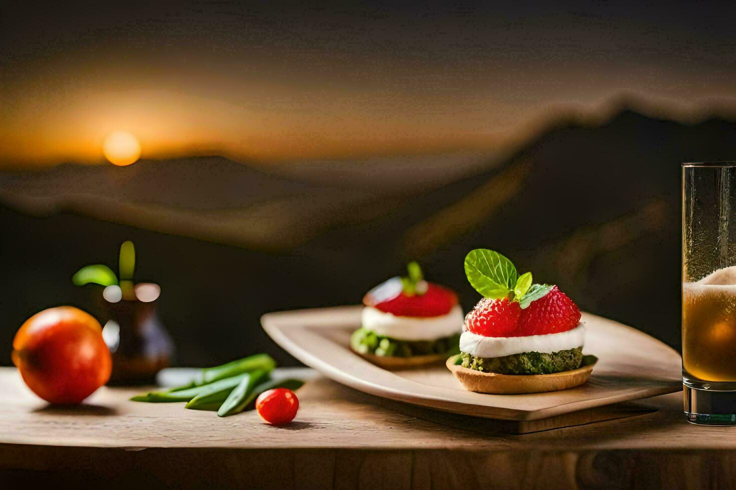 food and drink on a wooden table with mountains in the background. AI-Generated photo