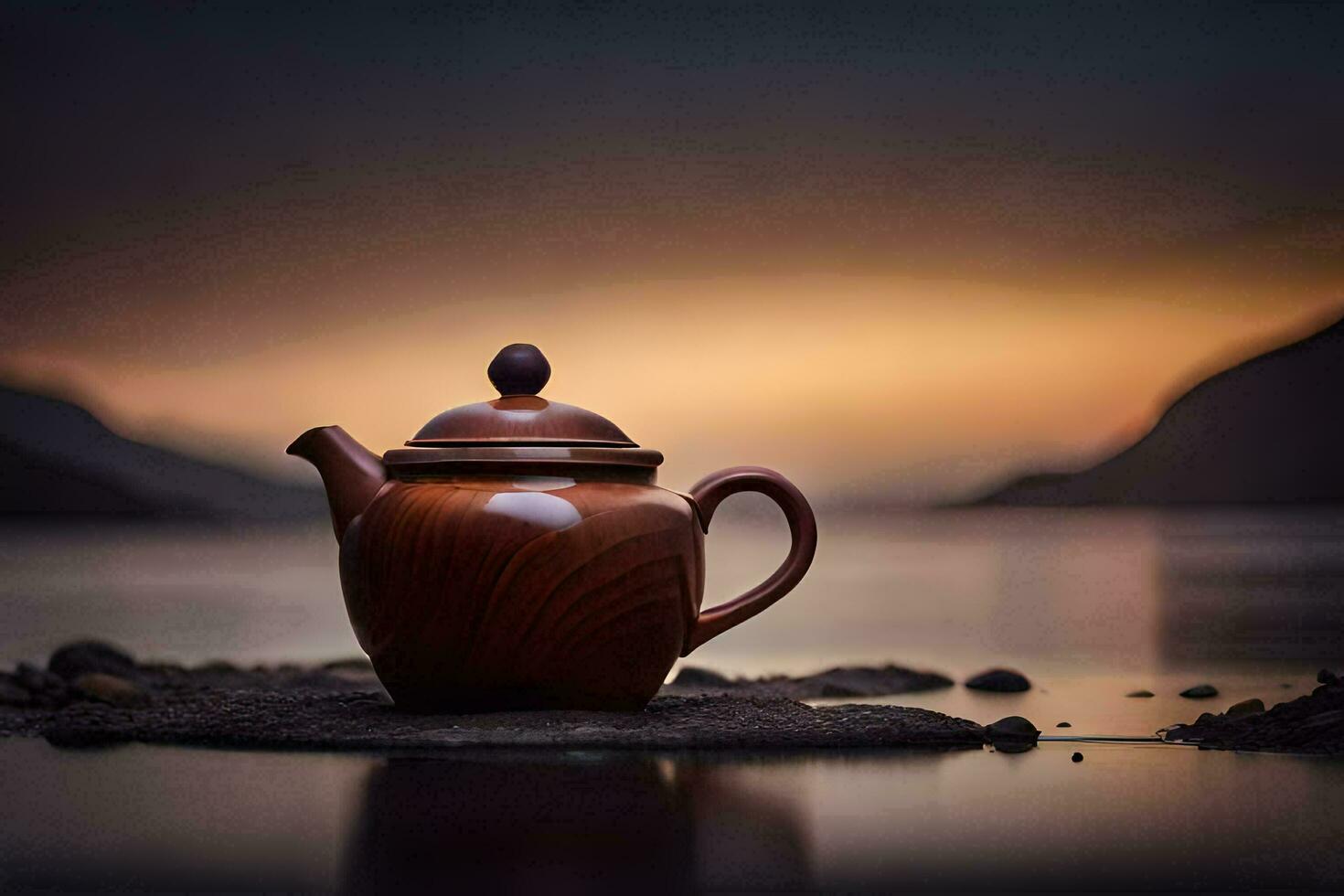 a teapot sits on the rocks near a lake. AI-Generated photo