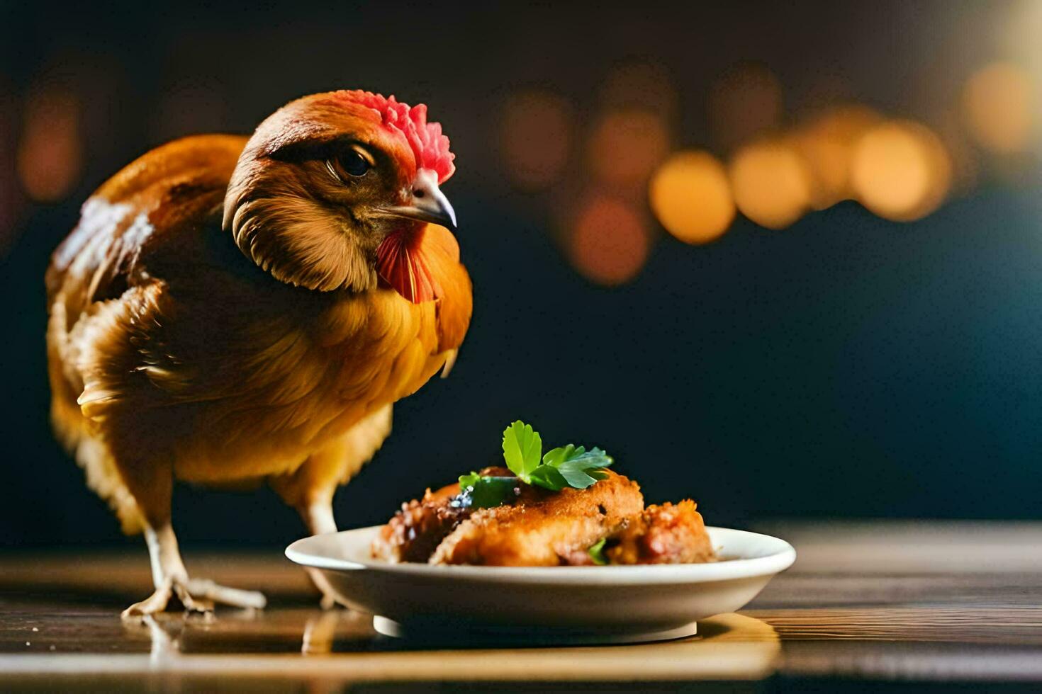 a chicken is standing on a plate with food. AI-Generated photo
