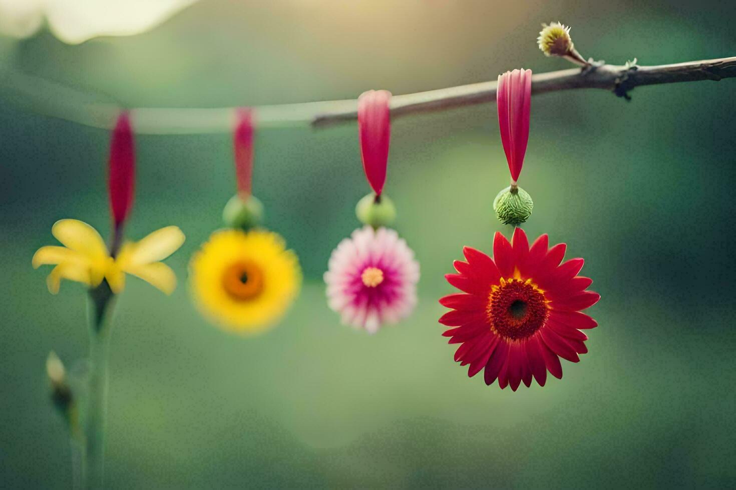 colorful flowers hanging from a branch. AI-Generated photo