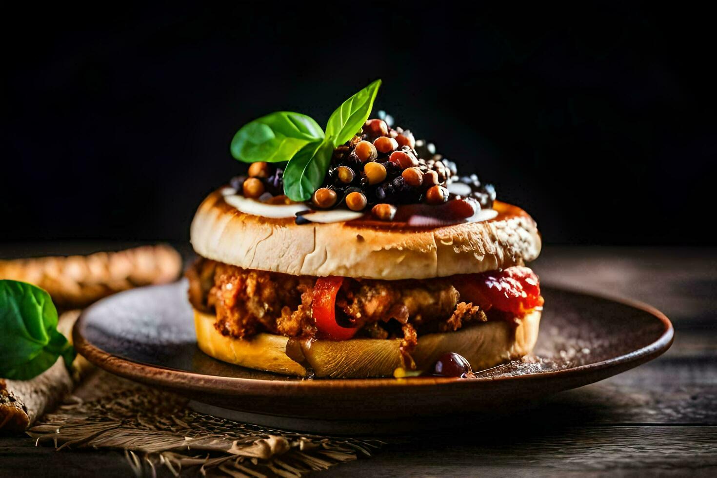 a hamburger with tomato, cheese and basil on a plate. AI-Generated photo