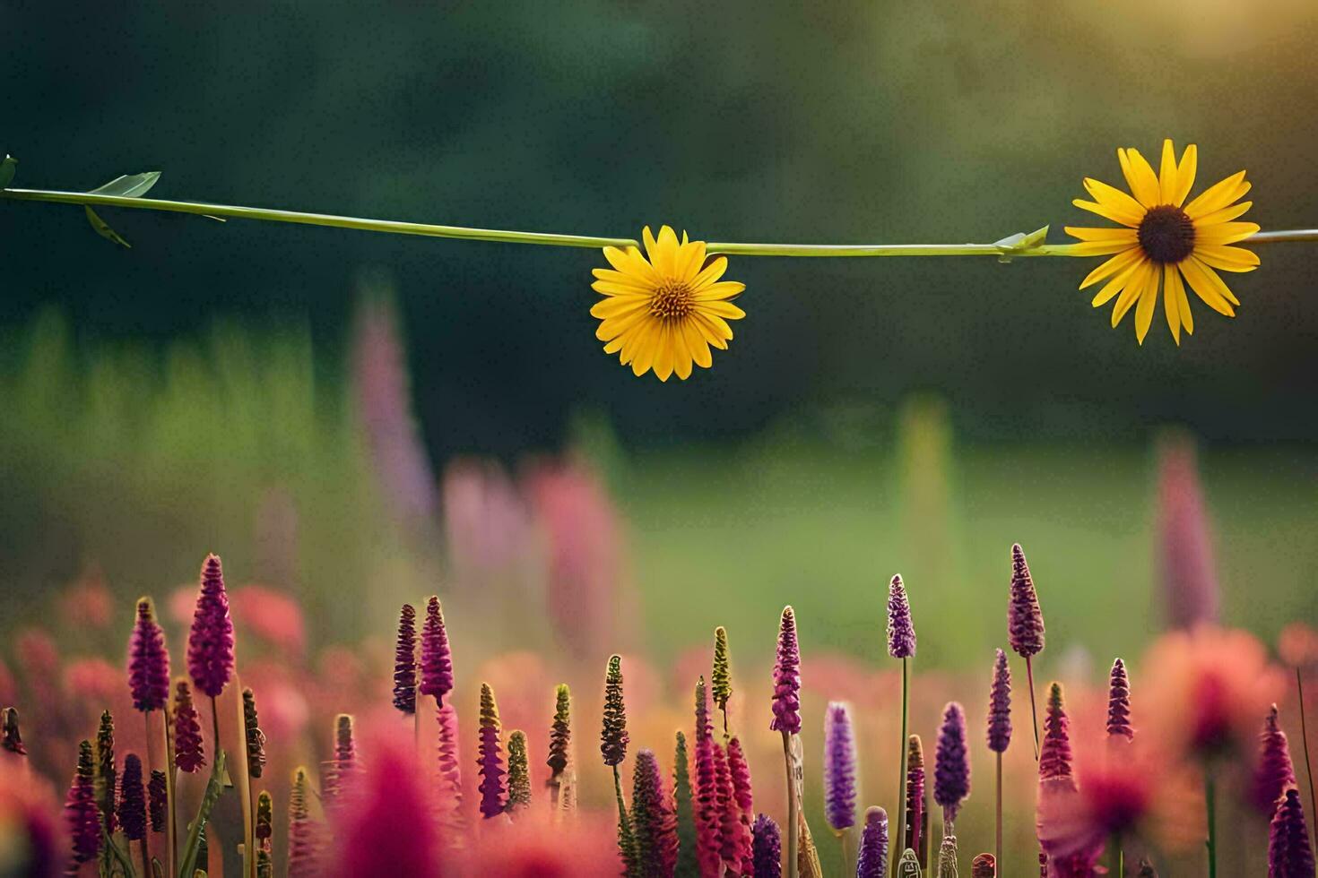 yellow flowers and green grass in the sun. AI-Generated photo