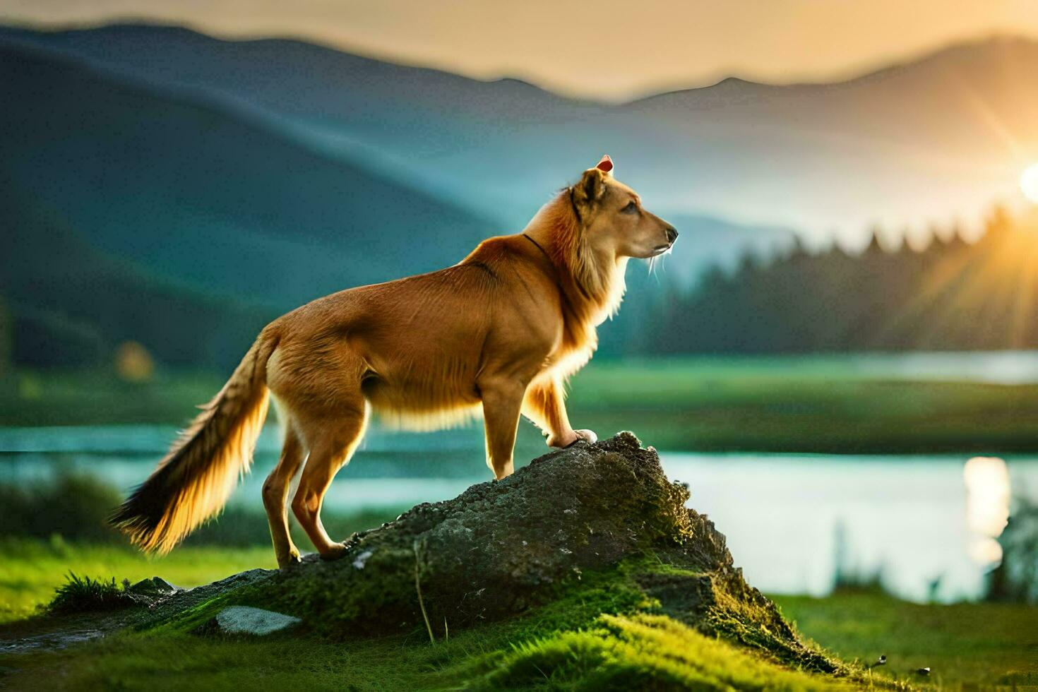 a dog standing on a rock in front of a lake at sunset. AI-Generated photo