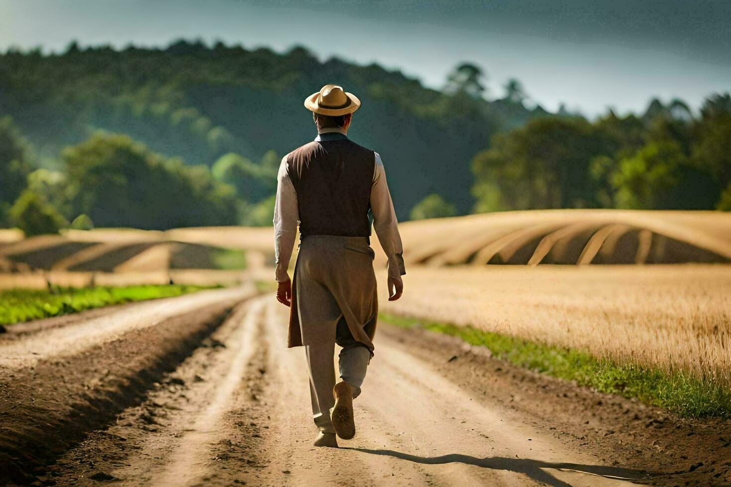 un hombre en un sombrero y traje caminando abajo un suciedad la carretera. generado por ai foto