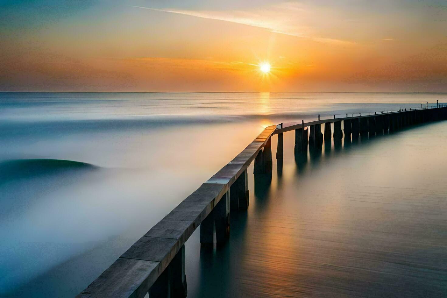 a long exposure photograph of a pier at sunset. AI-Generated photo
