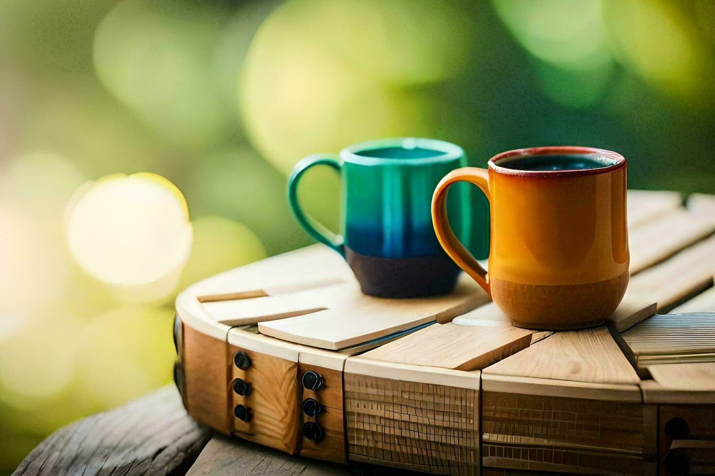 two colorful coffee mugs sit on a wooden table. AI-Generated photo