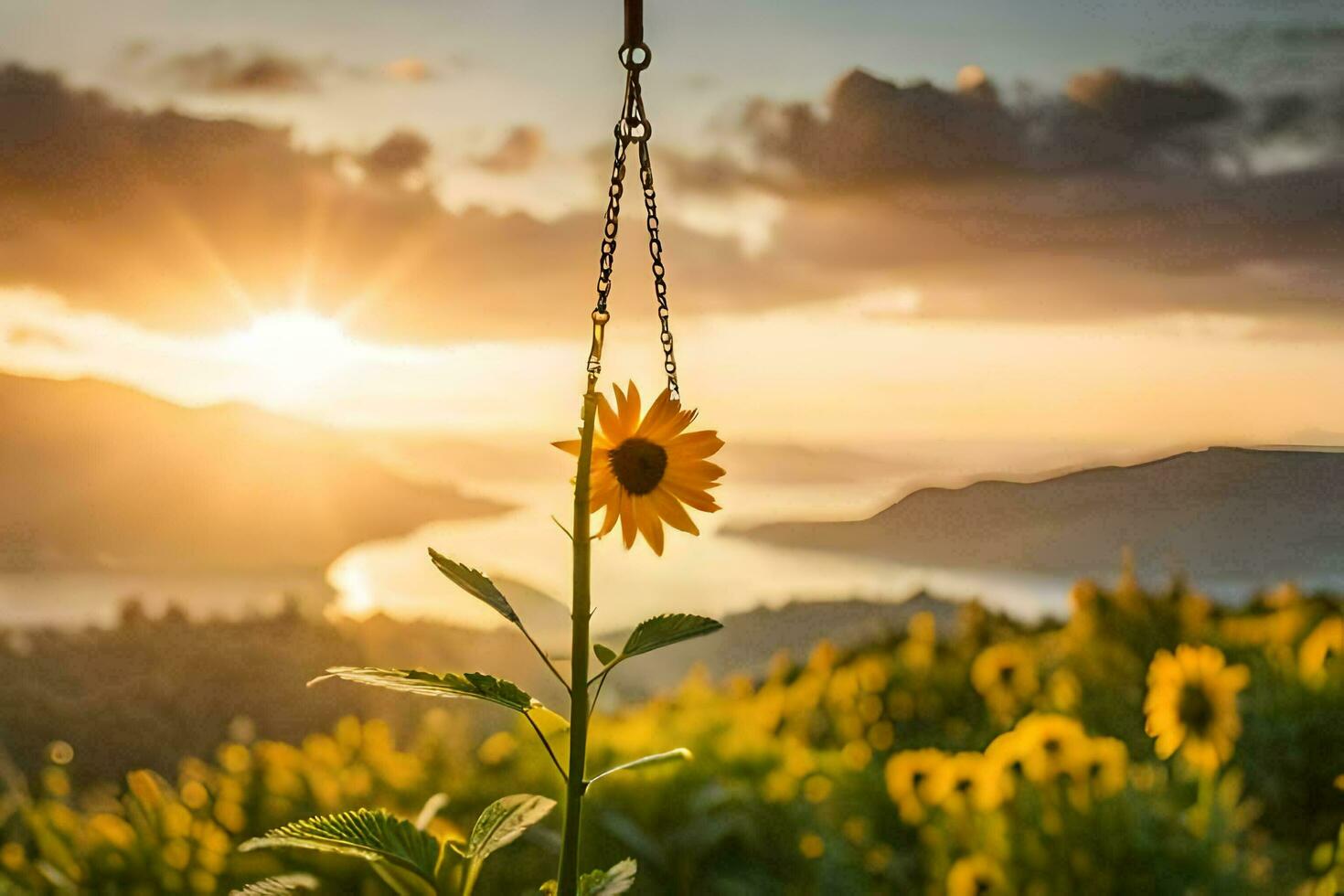 sunflower hanging from a chain in front of a sunset. AI-Generated photo