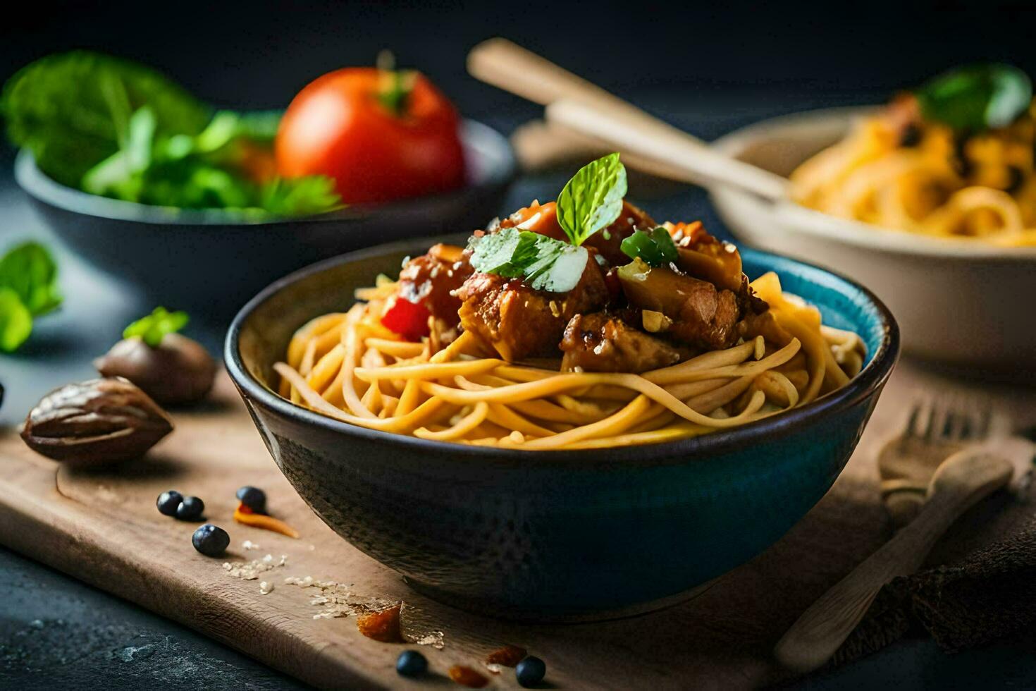 spaghetti with meat and vegetables in a bowl. AI-Generated photo