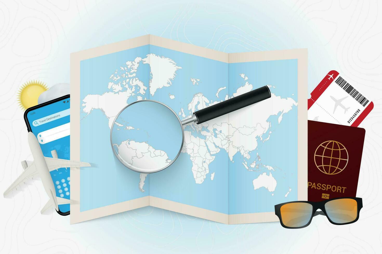 Travel destination Grenada, tourism mockup with travel equipment and world map with magnifying glass on a Grenada. vector