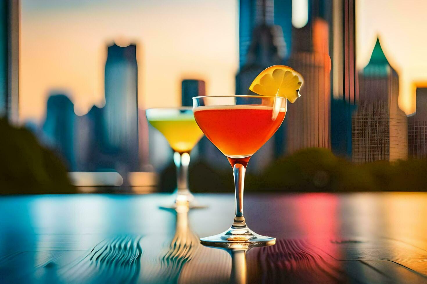 two cocktails sit on a table in front of a city skyline. AI-Generated photo