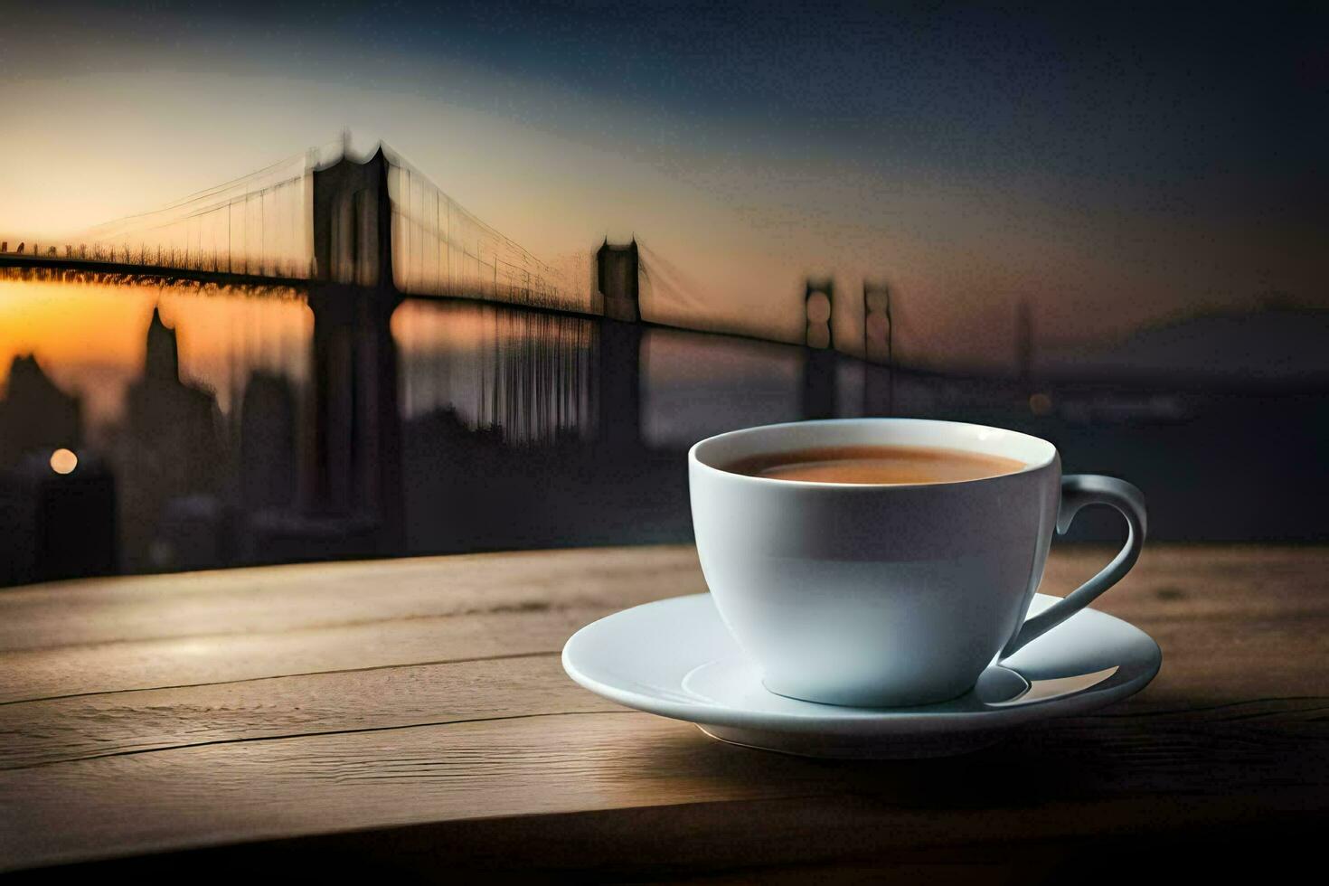 a cup of coffee on a wooden table with a view of the bay bridge. AI-Generated photo