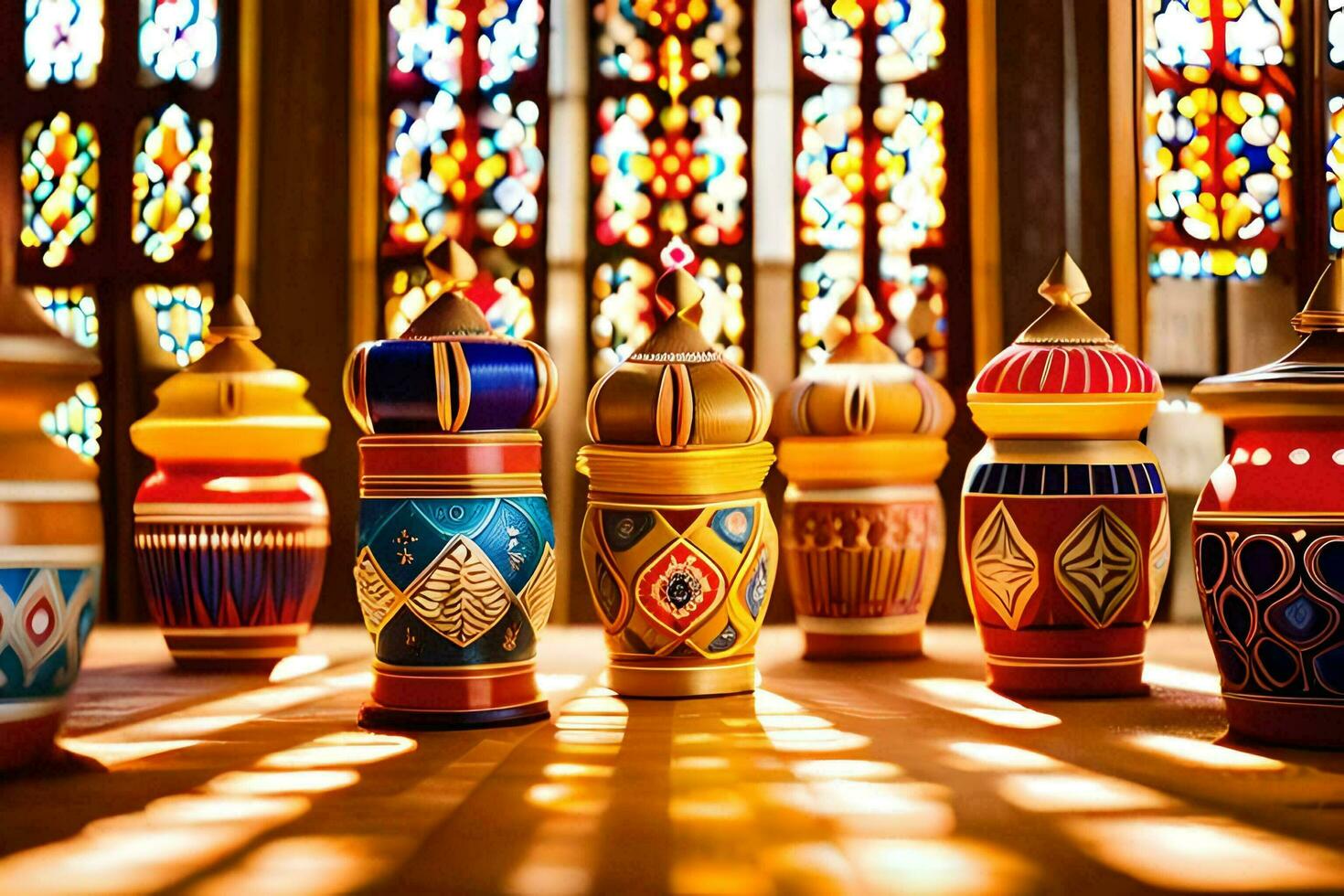 colorful vases in front of stained glass windows. AI-Generated photo