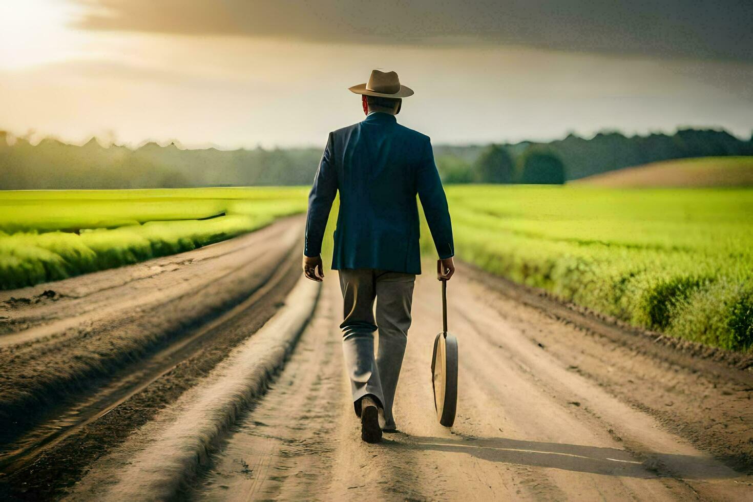 a man in a suit and hat walks down a dirt road with a guitar. AI-Generated photo