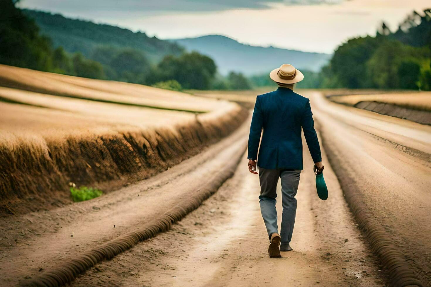 a man in a suit and hat walks down a dirt road. AI-Generated photo