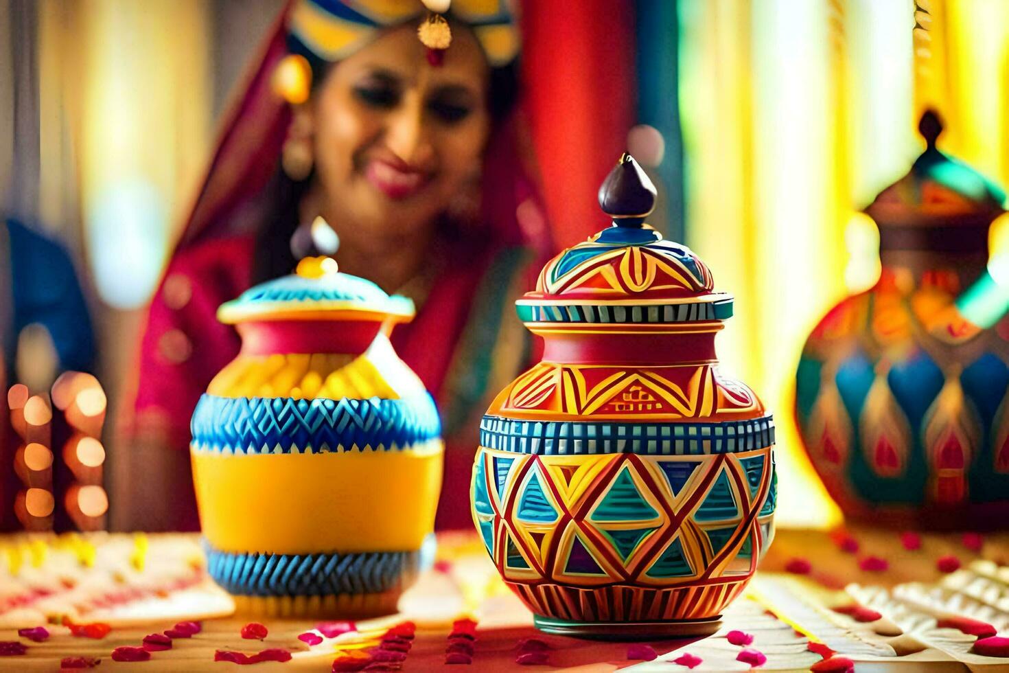 a woman in traditional indian dress sits next to colorful vases. AI
