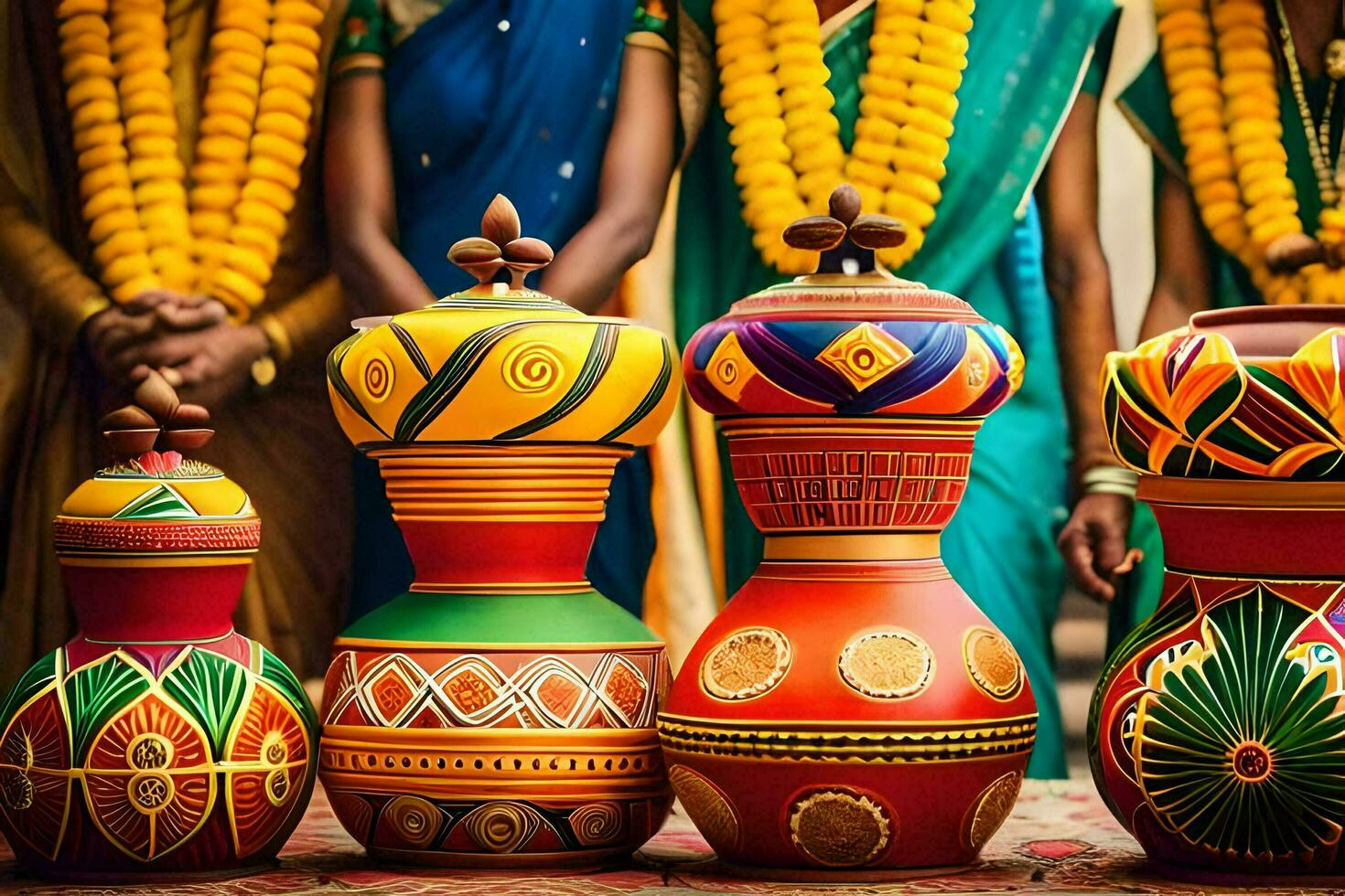 a group of women in traditional indian clothing are standing around colorful vases. AI-Generated photo