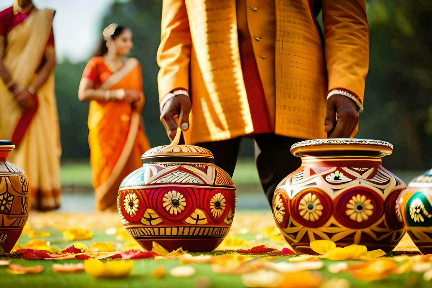 a man in an indian outfit is holding a pot. AI-Generated photo