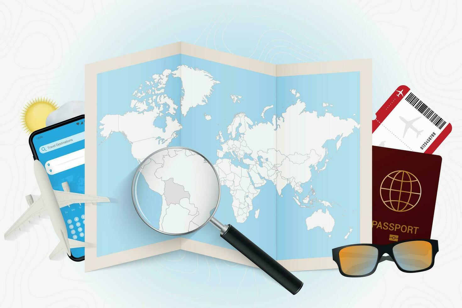 Travel destination Bolivia, tourism mockup with travel equipment and world map with magnifying glass on a Bolivia. vector