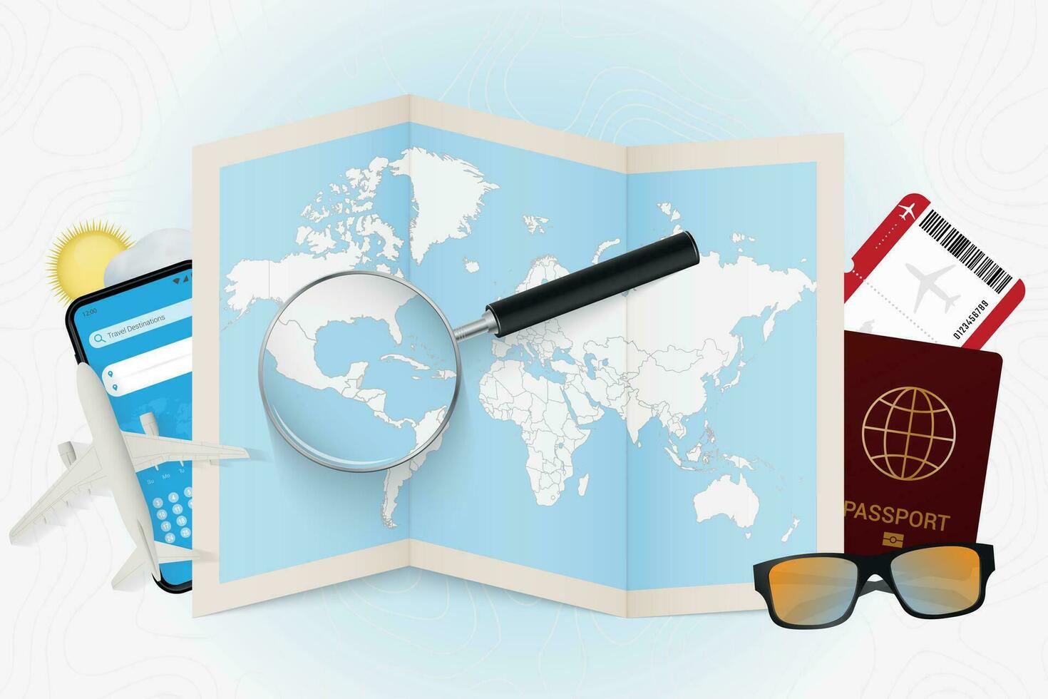 Travel destination Belize, tourism mockup with travel equipment and world map with magnifying glass on a Belize. vector