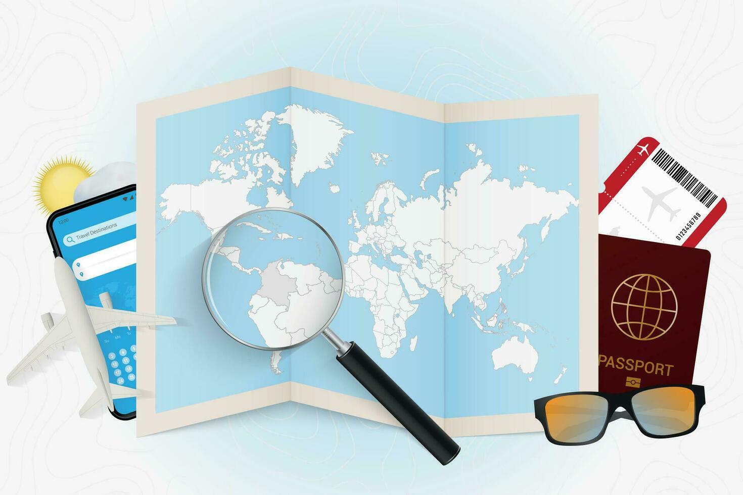 Travel destination Colombia, tourism mockup with travel equipment and world map with magnifying glass on a Colombia. vector